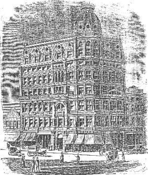 Imposing corner building housing the Domestic Sewing Machine Company headquarters at Broadway and 14th Street in Manhattan, New York, late 19th century