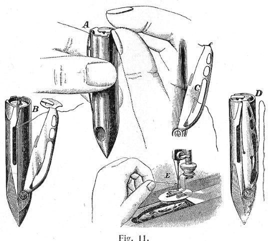 Step-by-step illustrated diagram showing how to open, thread, and operate the closed-end shuttle of the New Domestic sewing machine