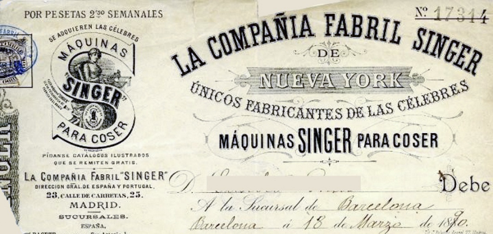 1890 La Compania Fabril Singer Invoice