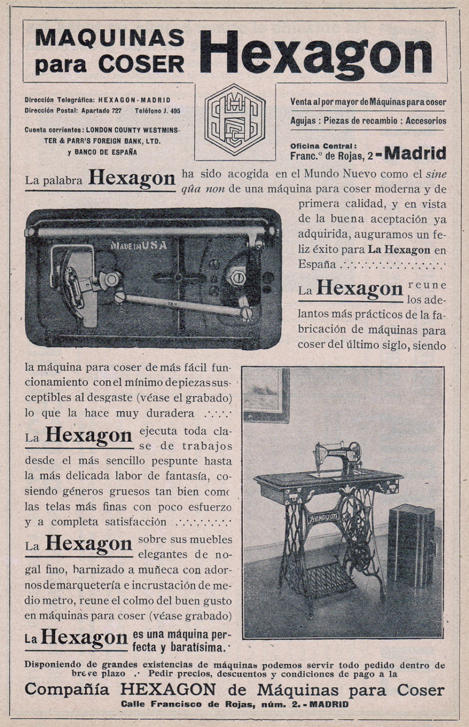 A Spanish Advertisement for the Hexagon Number 1 Sewing Machine