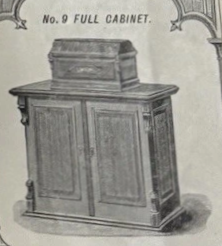 Union sewing table, No. 9 full cabinet: enclosed parlor cabinet with bonnet, five drawers, and front and back doors.