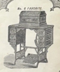 Union sewing table, No. 6 Favorite: six drawers, ornamented trim below drawers, Union-branded treadle stand; dropleaf and bonnet.