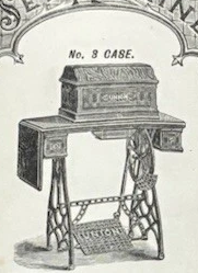 Union sewing table, No. 3 case: three drawers (left, right, and center), with dropleaf and bonnet.